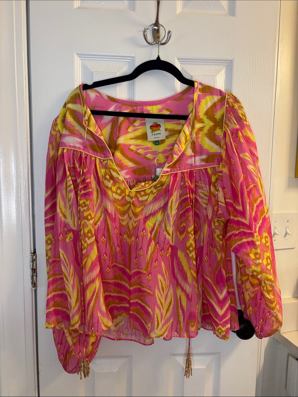 FARM Rio Pink & Yellow Printed Peasant Blouse